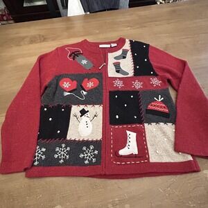 Croft & Barrow Sweater Womens Petite Medium Red Zip Cardigan Snowman Winter